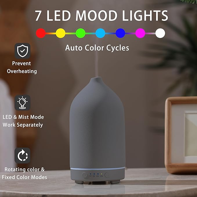 200ML Ceramic Essential Oil Diffuser - Ultrasonic Aromatherapy & Humidifier with 7-Color LED Lights, Auto Shut-Off, Grey, 1H/3H/6H Timer | Scent for Home,Office,Yoga