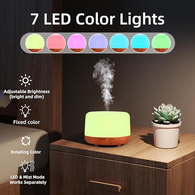 300ML Essential Oil Diffuser,Small Room Aromatherapy Diffuser, Quiet 8H Operation, 7-Color LED Light, 4 Timer, Remote Control, Auto-Off, for Bedroom, Living Room, Kitchen, Yoga, Gifts