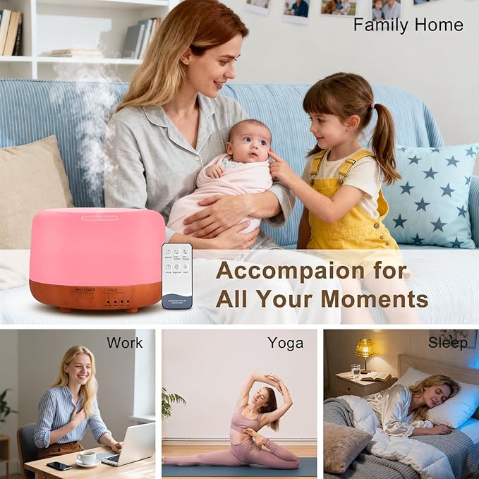 300ML Essential Oil Diffuser, Small Aromatherapy Diffuser with Remote, 7-Color LED Light, 4 Timer Settings, Safe Auto-Off, for Bedroom, Desk, Home Office