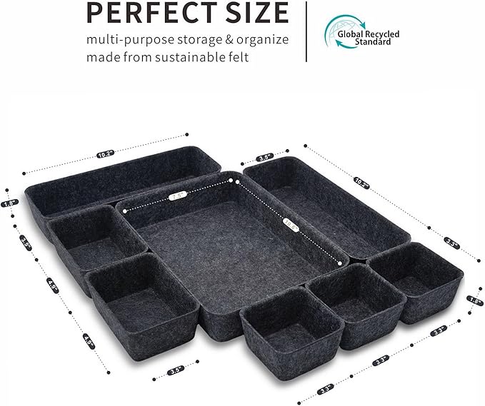 Welaxy Desk Drawer Organizer Tray, 8-Piece Shallow Felt Office Storage for Pens & Accessories (Charcoal)