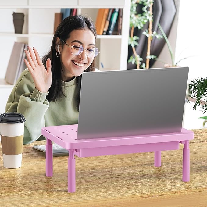 WALI Computer Monitor Stand with Storage, Desk Monitor Riser 3 Height Adjustable, Laptop Riser with Airflow Vents, Desk Organizer for Computer, Laptop, Printer (PTT002-P), 1 Pack, Pink