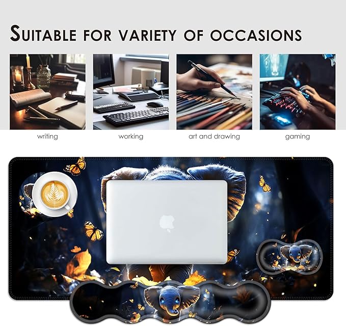 Large Keyboard Mouse Pad Set, Extended Mouse Pad+Keyboard Wrist Rest Support, Memory Foam Ergonomic Easy Typing, 4Pcs (31.5×11.8 in) Desk Pad Set for Office Home,Cute Elephant with Butterflies