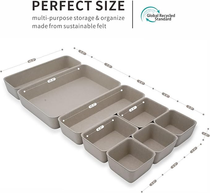Welaxy Desk Drawer organizer trays Felt storage bin Sleek Minimalist Lifestyle chic aesthetics room décor for home office dorm closet decluttering 8-piece (Stone)