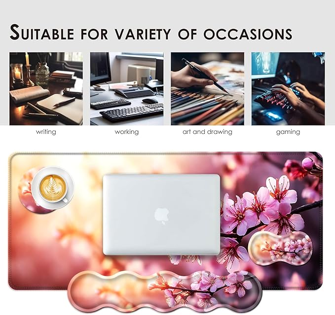 Large Keyboard Mouse Pad Set, Extended Mouse Pad+Keyboard Wrist Rest Support, Memory Foam Ergonomic Easy Typing, 4Pcs (31.5×11.8 in) Desk Pad Set for Office Home,Cherry Blossom Floral