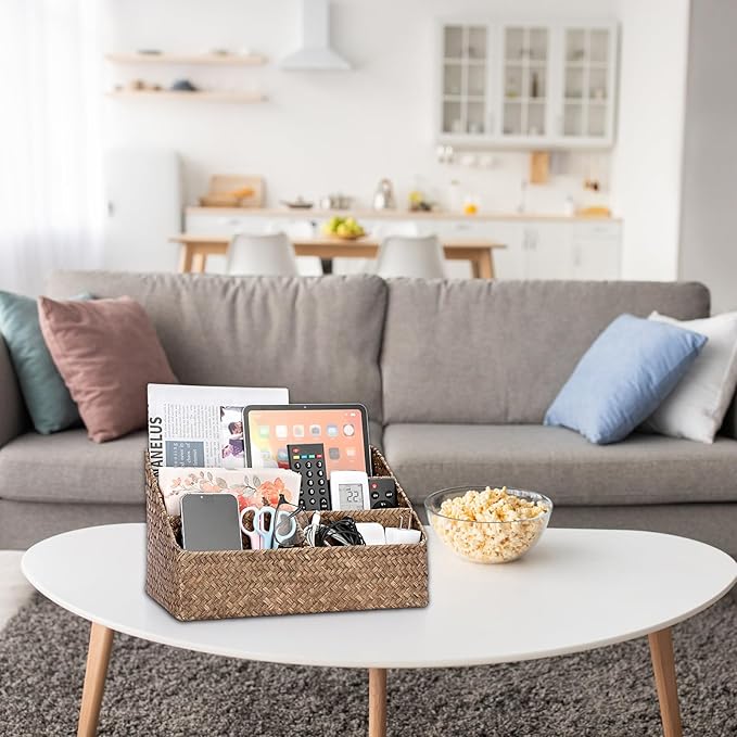 BTSKY Woven Storage Basket Natural Seagrass Vertical Wicker Storage Baskets with 4 Compartments Desk Organizers and Storage Magazine File Holder Home Office Supplies Sorter Rack, Coffee