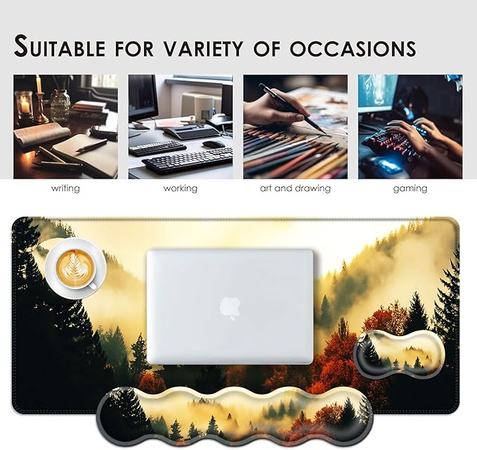 Large Keyboard Mouse Pad Set, Extended Mouse Pad+Keyboard Wrist Rest Support, Memory Foam Ergonomic Easy Typing, 4Pcs (31.5×11.8 in) Desk Pad Set for Office Home,Nature Misty Forest