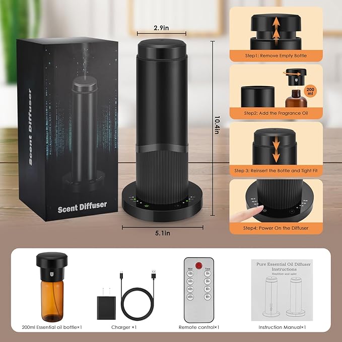 Waterless Scent Essential Oil Diffuser for Hotel,Whole House,Large Room, Office,Home,200ML Large Capacity, Covering 1500 Square feet (Black) (Black-PP)