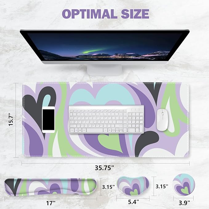 ToLuLu Extended Gaming Mouse Pad, Memory Foam Ergonomic Keyboard Mouse Wrist Rest Support Set, Large Desk Mat with Stitched Edges, Non-Slip Base Mousepad for Home Office Game Study, Purple Hearts