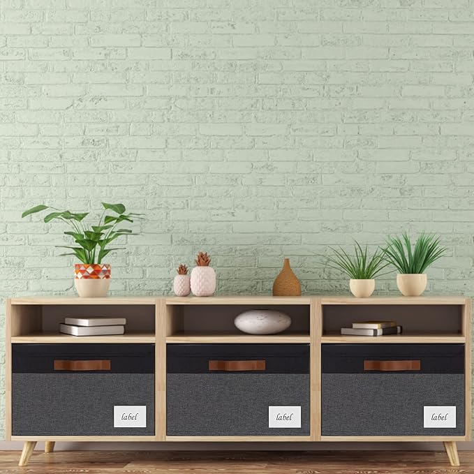 Extra Large Storage Bins with Lids, Foldable Fabric Storage Baskets with Lids, Sturdy Storage Boxes with Labels and 3 PU Handles for Closet Home Bedroom Office (32L, 3 Packs, Grey&Black)