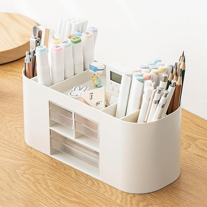 INSTOME Pencil Pen Holder for Desk with 3 Drawers - All-In-One Desk Organizer - Perfect Desk Accessories for Office Use - Stylish & Convenient Desk Organizers and Accessories (Beige)