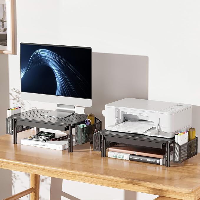 WALI Dual Monitor Stand with Storage, Desk Organizer with Drawer and Pen Holder, Desk Monitor Riser 3 Height Adjustable, Laptop Riser for Computer, Laptop, Printer (STT003DH-2B), 2 Pack, Black