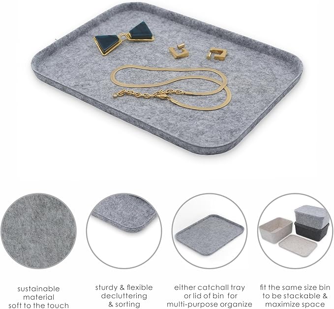 Welaxy Felt tray Lid for Storage Bins Drawer Organizer bin cap of box for junk stuff stationery makeup jewelry closet bathroom minimalist lifestyle (Gray Lid, S)