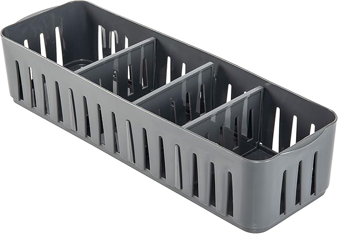 Simplify 4 Compartment Stackable Bin with Adjustable Dividers | Drawer Organizer | Storage Basket | Good for Office | Desk Supplies | Dorm |Bathroom | Accessories | Make Up | Grey