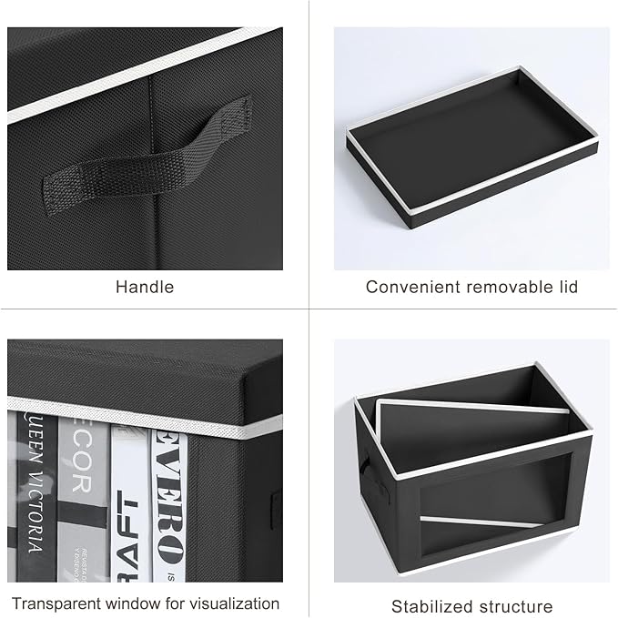 Foldable Storage Box with Lid - Closet Storage Organizer with Window, Storage Bins with Lids for Clothes, Fabric Storage Baskets for Shelves, Bedroom, Dorm, Black, 4 Pack