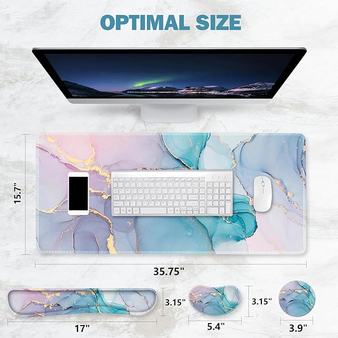 ToLuLu Extended Gaming Mouse Pad, Memory Foam Ergonomic Keyboard Mouse Wrist Rest Support Set, Large Desk Mat with Stitched Edges, Non-Slip Base Mousepad for Home Office Game, Blue Marble