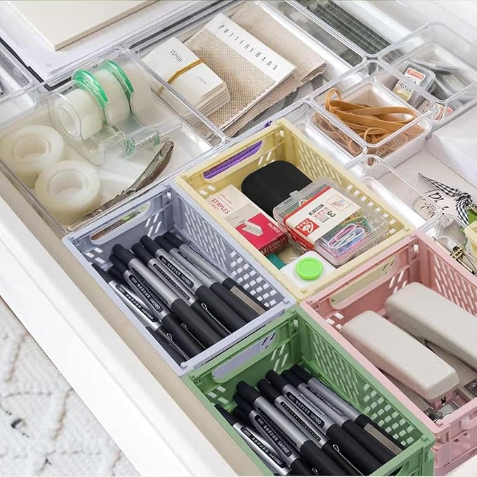 Xhwykzz 4 Pack Pastel Crates for Storage, Plastic Folding Basket, Colorful Small Storage Containers for Bedroom Office Classroom Bathroom Desktop Drawer Organizer Decor (9.8x6.5x3.8inch)