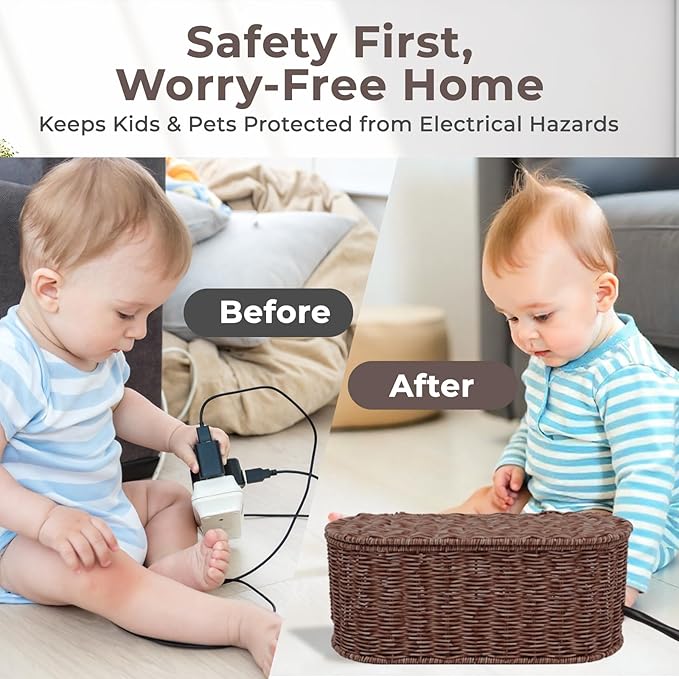 Cable Management Box, Handmade Rattan Cable Organizer, 2 Open Slots Cords Hider Box, Under Desk Cord Organizer for Computer Router USB Hub & Power Strip, Patent Pending, 15.9" x 6.5" x 6.5", Brown