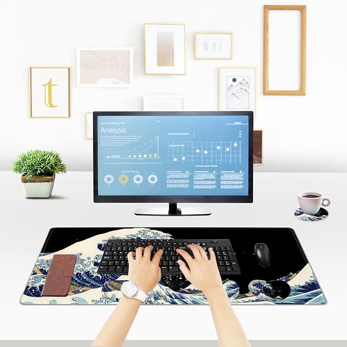 ToLuLu Extended Gaming Mouse Pad, Memory Foam Ergonomic Keyboard Mouse Wrist Rest Support Set, Large Desk Mat with Stitched Edges, Non-Slip Base Mousepad for Home Office Game Study, Wave of Kanagawa