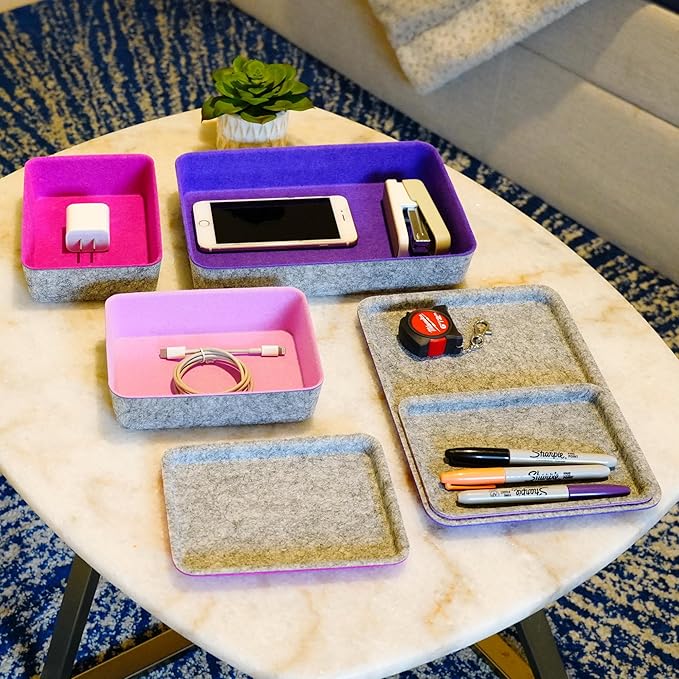 Welaxy Lidded Felt Drawer Organizer Trays with lids Desktop Organizer Bins Storage box for crafts office supplies pen Junk Makeup Stationery Organize 3-Pack ( light pink + hot pink + purple)