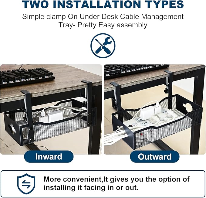 Large Under Desk Cable Management Tray - Heavy Duty Metal Cord Organizer with No Drill Installation for Office & Home Office Desks to Hide Wires & Power Strips (Black, XL)
