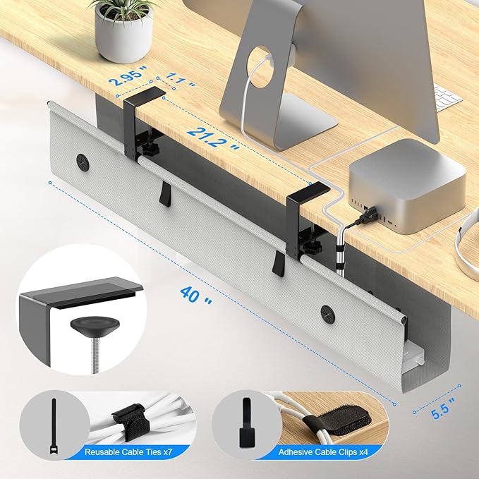 Under Desk Cable Management Tray, 40-inch No-Drill Cord Organizer with Anti-Sag Reinforced Base, Fabric Wire Management Hider for Standing Desk, Office & Gaming Accessories - Grey