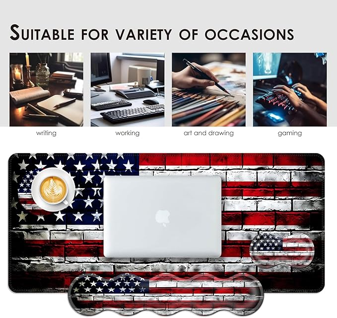 Large Keyboard Mouse Pad Set, Extended Mouse Pad+Keyboard Wrist Rest Support, Memory Foam Ergonomic Easy Typing, 4Pcs (31.5×11.8 in) Desk Pad Set for Office Home,American Flag on Brick Wall