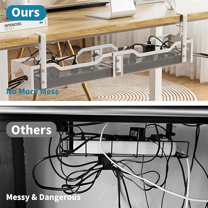 Under Desk Cable Management Tray 32'', Cable Management Under Desk No Drill, Cable Organizer with Clamp for Wire Management, Cord Organizer for Office, Home - No Damage to Table (White)