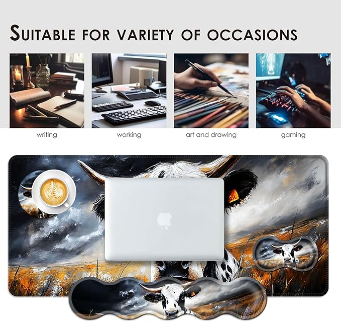 Large Keyboard Mouse Pad Set, Extended Mouse Pad+Keyboard Wrist Rest Support, Memory Foam Ergonomic Easy Typing, 4Pcs (31.5×11.8 in) Desk Pad Set for Office Home,Cute Cow