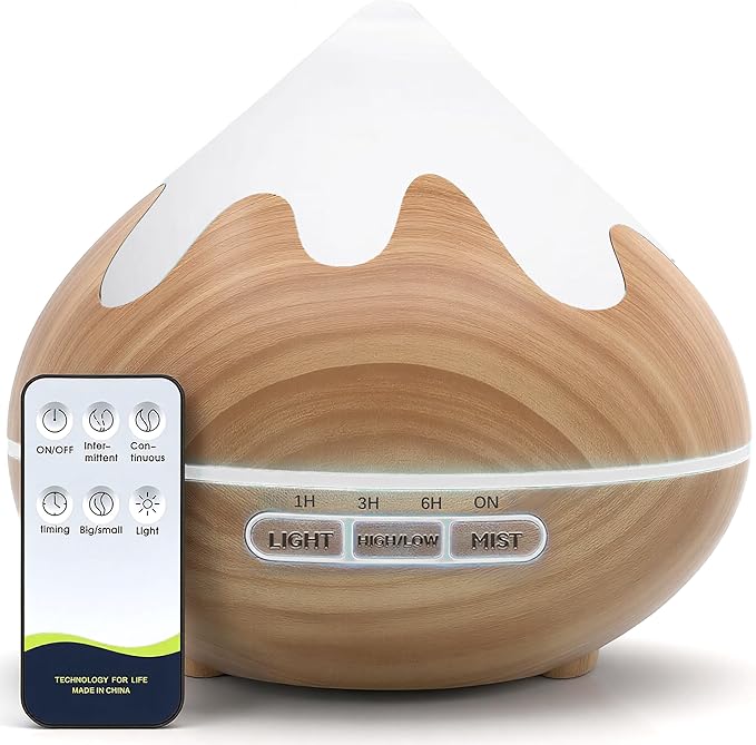 500ML Essential Oil Diffuser, Aromatherapy Diffuser with Remote Control, Multifunctional Air Diffusers for Home Office Room, Fragrance Aroma Diffuser with 7 Color LED & 2 Mist Mode, Brown