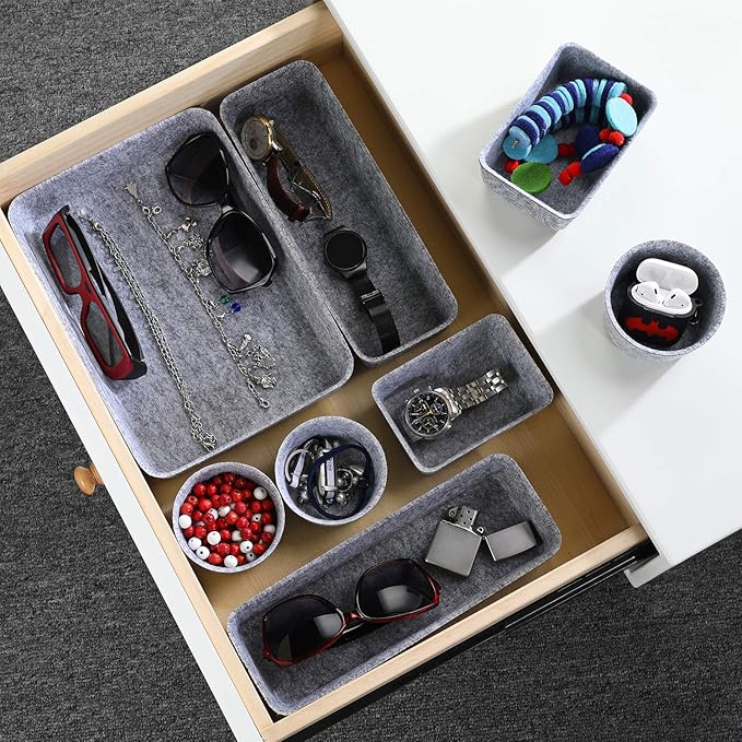 Welaxy 8-piece desk drawer organizer trays felt shallow bin for pens notes Jewlery Watches, home office dorm minimalist living gift solutions (Gray)