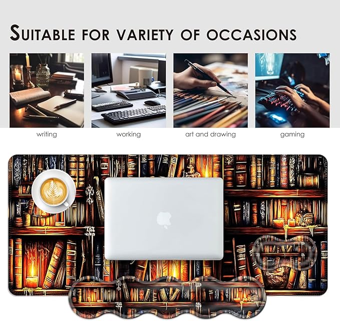 Large Keyboard Mouse Pad Set, Extended Mouse Pad+Keyboard Wrist Rest Support, Memory Foam Ergonomic Easy Typing, 4Pcs (31.5×11.8 in) Desk Pad Set for Office Home,Vintage Bookshelf