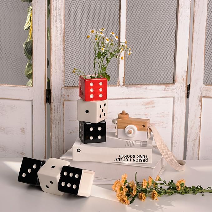 Funky Dice Vase - Unique Ceramic Home Decor for Bars| Stylish Black, White & Red Geometric Design | Perfect for Fresh, Dried, or Artificial Flower Arrangements | Ideal Gift for Art Lovers