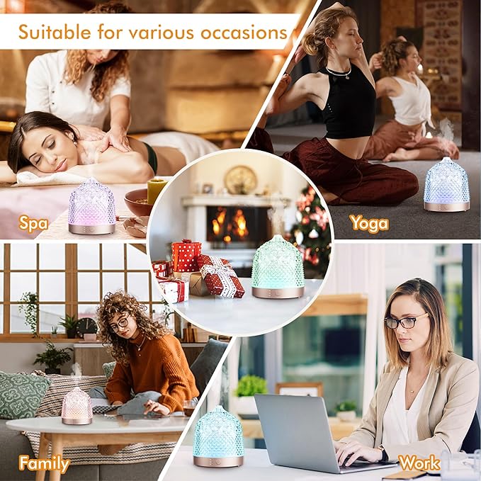 200ml Glass Reservoir Essential Oil Diffuser with Glass Dome Ultrasonic Aromatherapy Diffuser with Four Timer Colorful Light Auto-Off for Home Office Bedroom