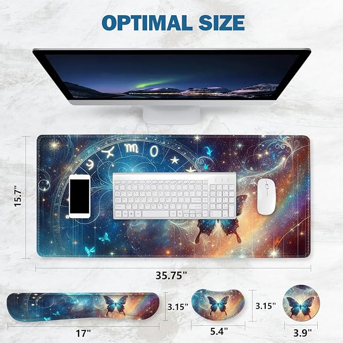 ToLuLu Large Mouse Pad Desk Pad Set, Wrist Rest Support Desk Mat for Keyboard and Mouse, 4PCS 35.4”x15.7 XXL Giant Mouse Pad, Non-Slip Base Stitched Edges Mousepad Home Office, Glittering Butterfly