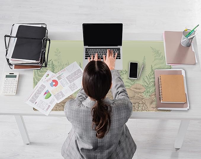 Cute Green Leaves Mouse Pad Desk Mat Beige Forest Mushroom XXL Large Extended Gaming Mousepad Desk Pad 31.5x15.75 in, Cool Keyboard Mouse Mat Desk Mats for Computer Laptop Women Desk Gamers Girl