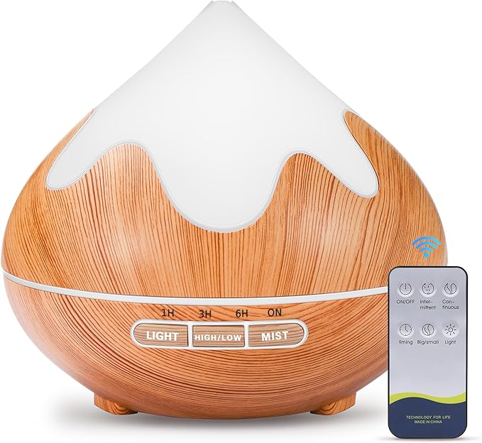 500ML Essential Oil Diffuser, Aromatherapy Diffuser with Remote Control, Multifunctional Air Diffusers for Home Office Room, Fragrance Aroma Diffuser with 7 Color LED & 2 Mist Mode, Light Brown