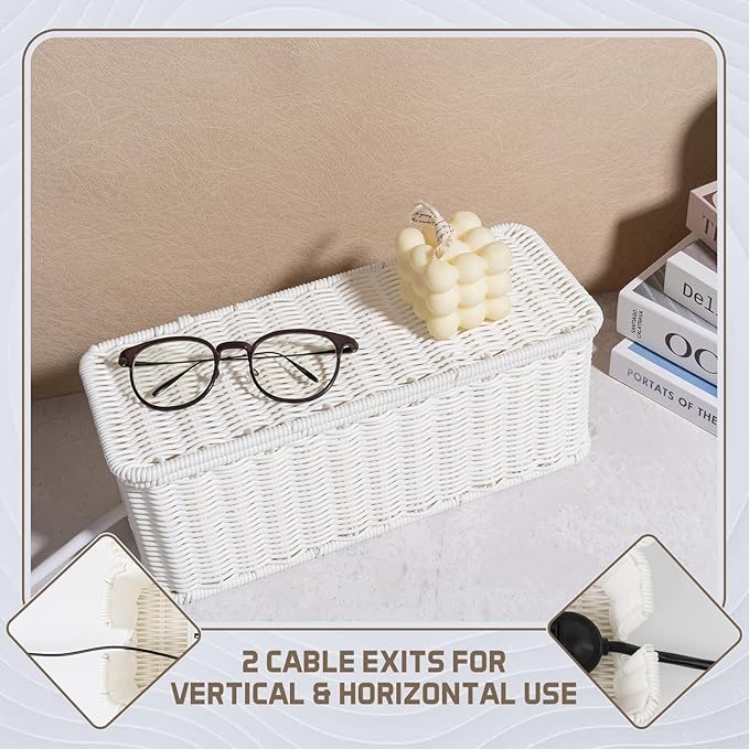 Cable Management Box, Handmade Rattan Cable Organizer with 2 Open Slots, Cord Hider for Power Strip, Router & USB Hub, Registered U.S. Design Patent (D1,112,102), 13" x 5.1" x 5.1", White