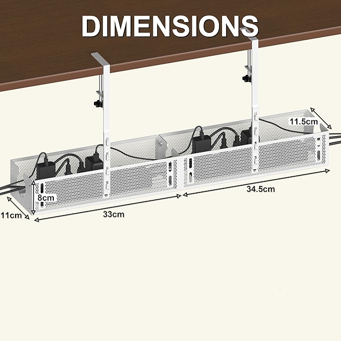 Under Desk Cable Management Tray - Fits up to 1.77" Thick Desks, No-Drill Clamp-on Wire Organizer, Reversible Inward/Outward Install, Heavy Duty Metal Power Strip Holder for Home Office & Gaming Desk