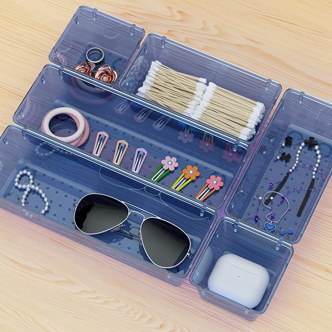 WOWBOX 9 Pack Clear Drawer Organizer Set, Acrylic Drawer Storage Trays, Storage Bins for Makeup, Cosmetics, Jewelries, Utensils, Gadgets, Office, Dark Blue