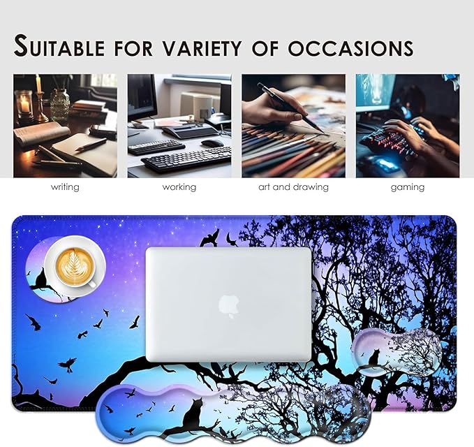 Large Keyboard Mouse Pad Set, Extended Mouse Pad+Keyboard Wrist Rest Support, Memory Foam Ergonomic Easy Typing, 4Pcs (31.5×11.8 in) Desk Pad Set for Office Home,Black Cat Under Starry Night