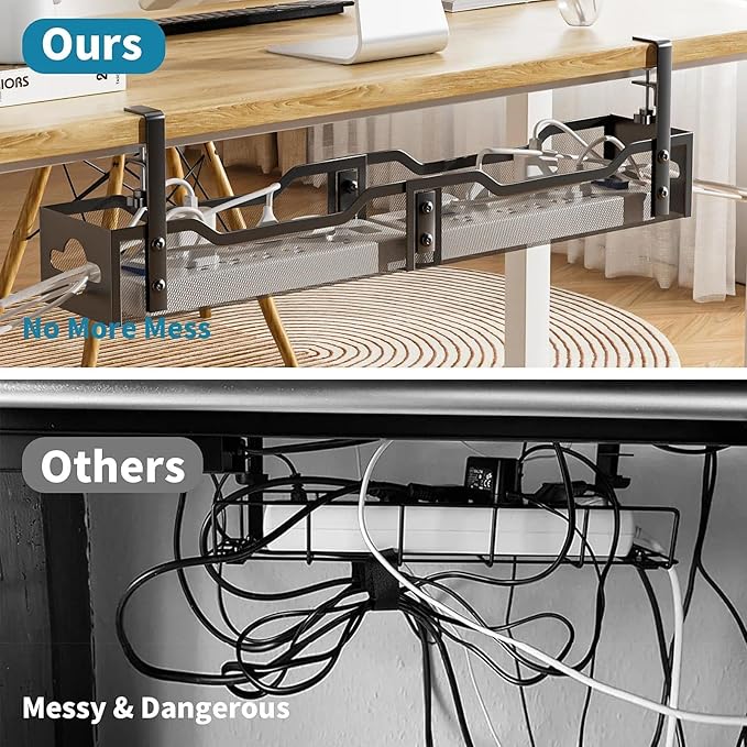 Under Desk Cable Management Tray 32'', Cable Management Under Desk No Drill, Cable Organizer with Clamp for Wire Management, Cord Organizer for Office, Home - No Damage to Table (Black)