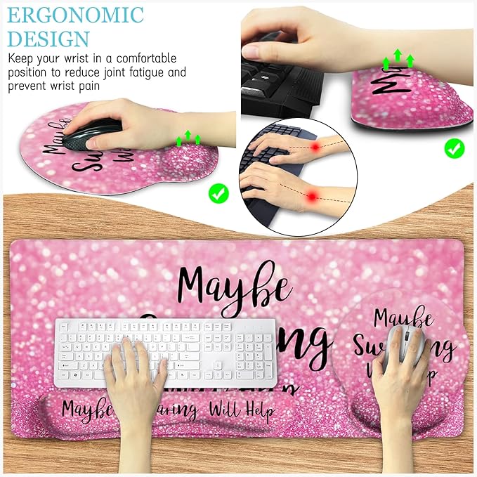 Pink Mouse Pad Set, Ergonomic Mouse Pad with Wrist Rest Keyboard Wrist Support, Large Desk Matt for Desktop, Gaming Mousepad Cup Coaster Set, Cute Pink Office Desk Accessories Decor Supplies