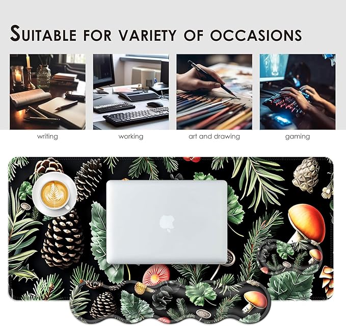 Large Keyboard Mouse Pad Set, Extended Mouse Pad+Keyboard Wrist Rest Support, Memory Foam Ergonomic Easy Typing, 4Pcs (31.5×11.8 in) Desk Pad Set for Office Home,Mushrooms and Leaves