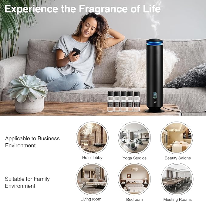 Waterless Scent Diffuser Starter Kit - 1500 Sq Ft Coverage, Scent Diffuser for Home, Hotel, Studio, Essential Oil Diffuser Large Room, 7 Mood Lights Setting, 5 Essential Oils Included, Black, 11.50In