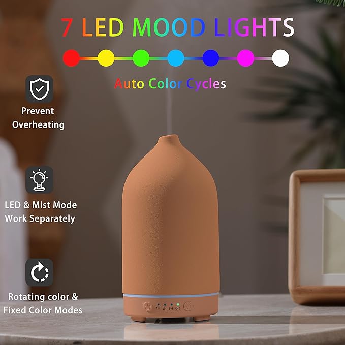 200ML Ceramic Essential Oil Diffuser - Ultrasonic Aromatherapy & Humidifier with 7-Color LED Lights, Auto Shut-Off, Brown, 1H/3H/6H Timer | Scent for Home,Office,Yoga
