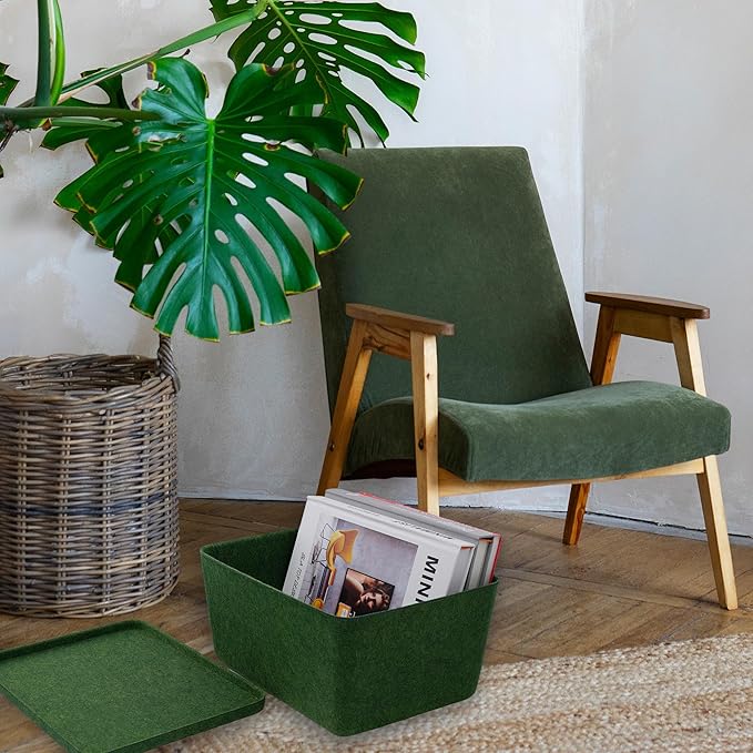 Welaxy felt tray Lid for Storage Bins Drawer Organizer bin cap of box for junk stuff stationery makeup jewelry closet bathroom minimalist lifestyle (Forest Green Lid, M)