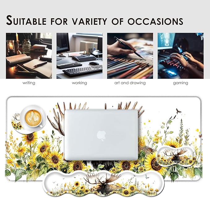 Large Keyboard Mouse Pad Set, Extended Mouse Pad+Keyboard Wrist Rest Support, Memory Foam Ergonomic Easy Typing, 4Pcs (31.5×11.8 in) Desk Pad Set for Office Home,Deer and Sunflowers