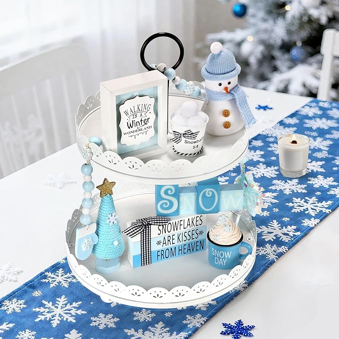 Winter Decoration for Home 8 PCS Tiered Tray Decor Set, Cute Christmas Blue Winter Wonderland Decor for Home Tray Shelf Fireplace Mantel Office Desk Indoor Snowman New Year Holiday Decorations Set