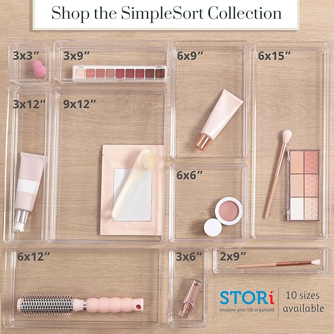 STORi SimpleSort Drawer Organizer Bins 6 pc Set, Multi-size, Bathroom Organizers and Storage, Makeup Organizer, Desk Organizer, Vanity Organizer, Clear Organizing Containers, Made in USA