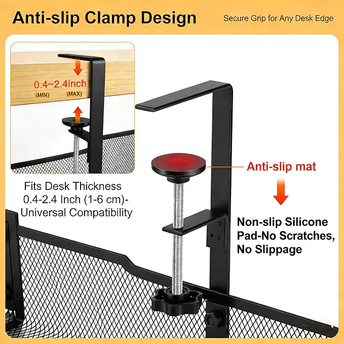 No Drill Under Desk Cable Management Tray, Extended-Length Metal Mesh Wire Organizer with Heavy Duty Clamp Mount for Home Office Standing Desk - Damage Free Cord Organization Solution